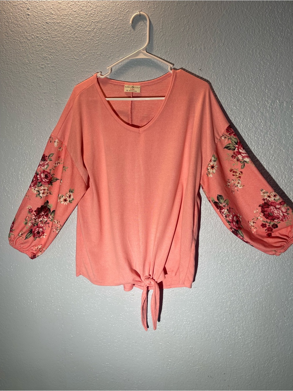 Bobbie Brooks Coral Tie-Front Top with Floral Balloon Sleeves